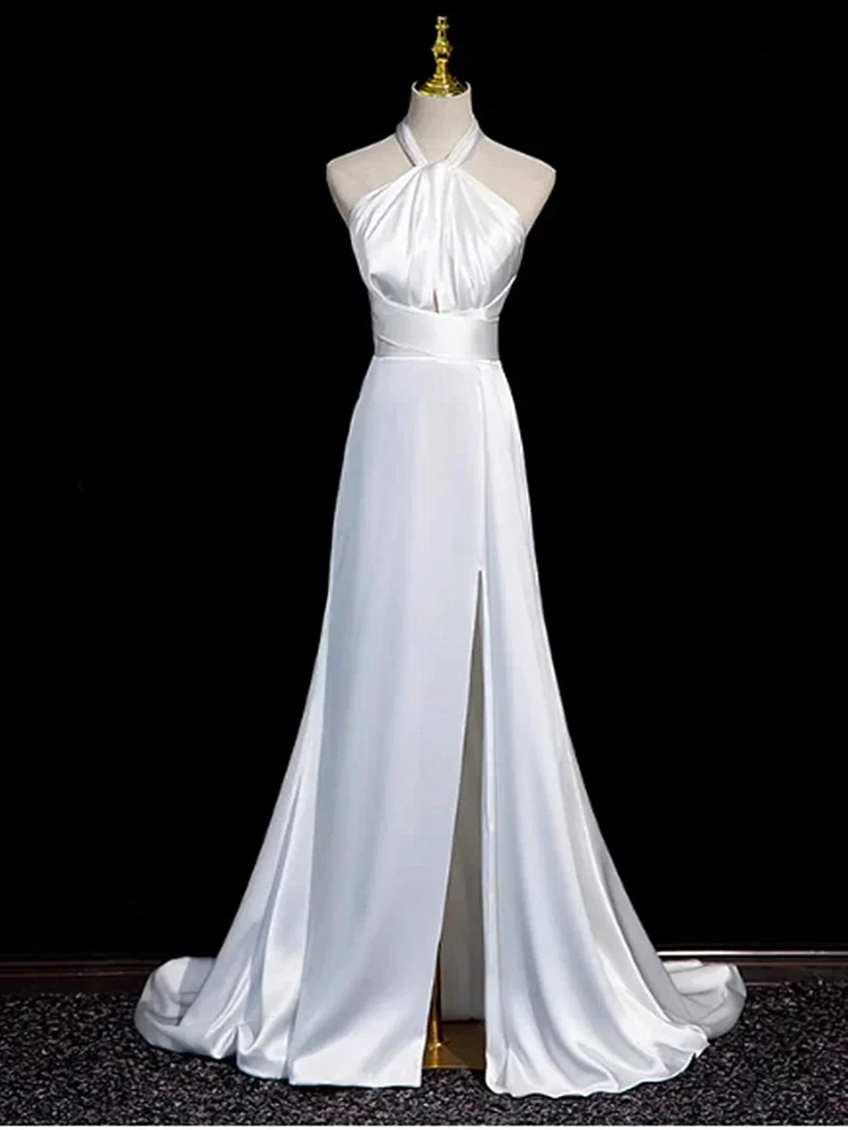 Graceful Satin Sheath Halter Sleeveless Open Back Floor-Length Evening Dresses with Slit