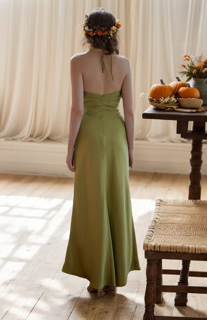 Graceful Satin Sheath Halter Sleeveless Open Back Floor-length Evening Dresses