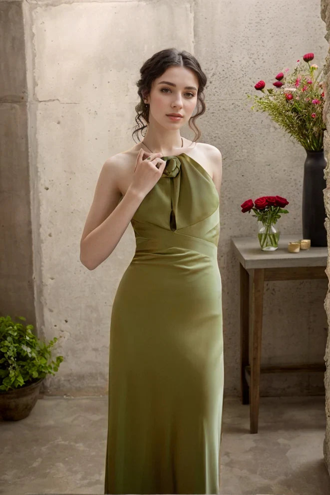 Graceful Satin Sheath Halter Sleeveless Open Back Floor-length Evening Dresses