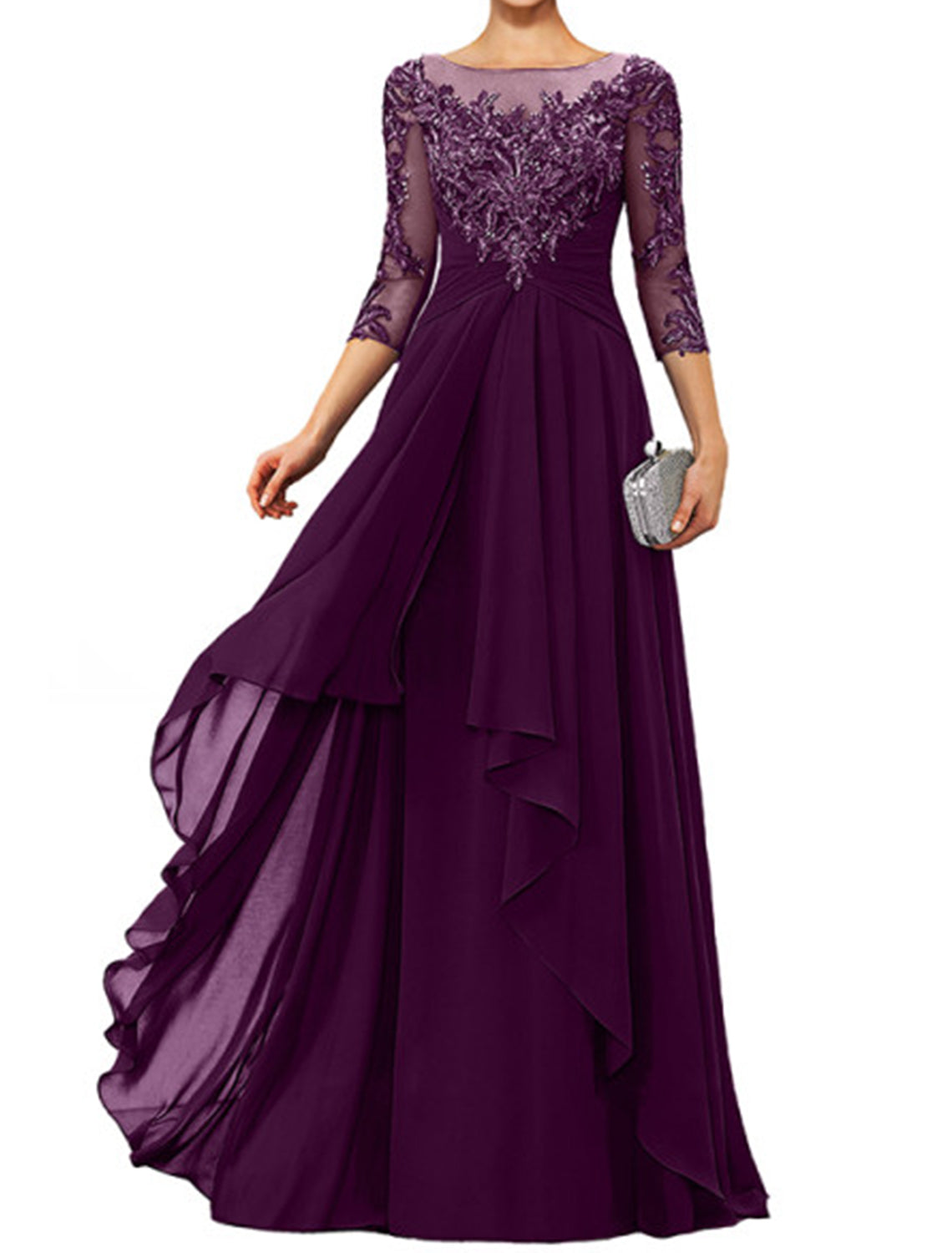 Dark Navy Chiffon A-Line Floor-Length Evening Dress - Illusion Neck Lace Appliques