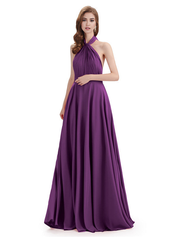 Simple A-Line High Neck Halter Sleeveless Pleats Chiffon Floor Length Bridesmaid Dresses