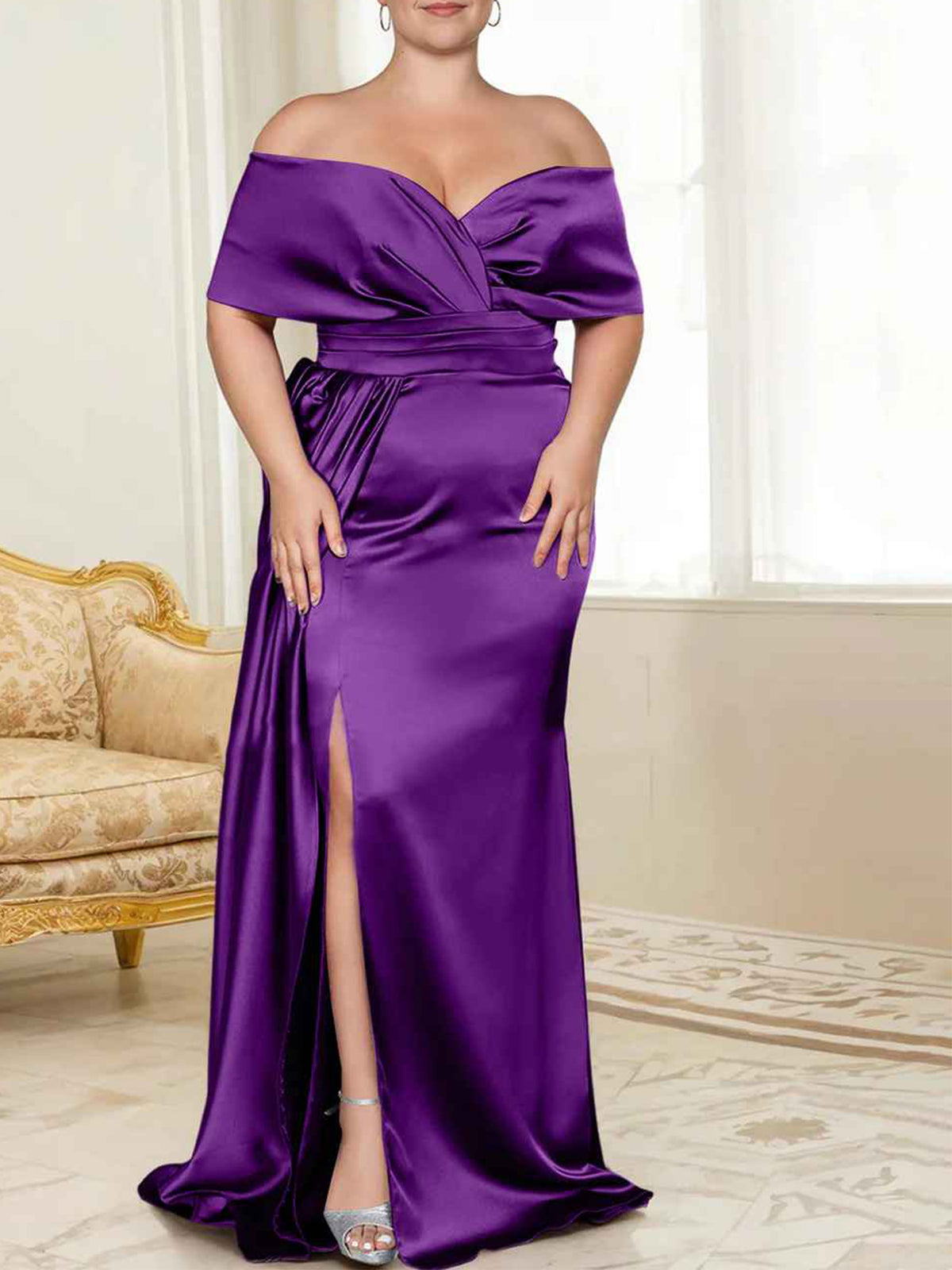Purple Satin Sheath/column Off-the-Shoulder Floor-Length Evening Dress
