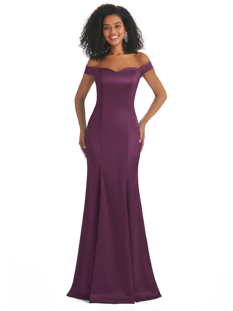 Vestidos de dama de honor largos, sencillos, de satén suave, sin mangas y con hombros descubiertos, de corte sirena