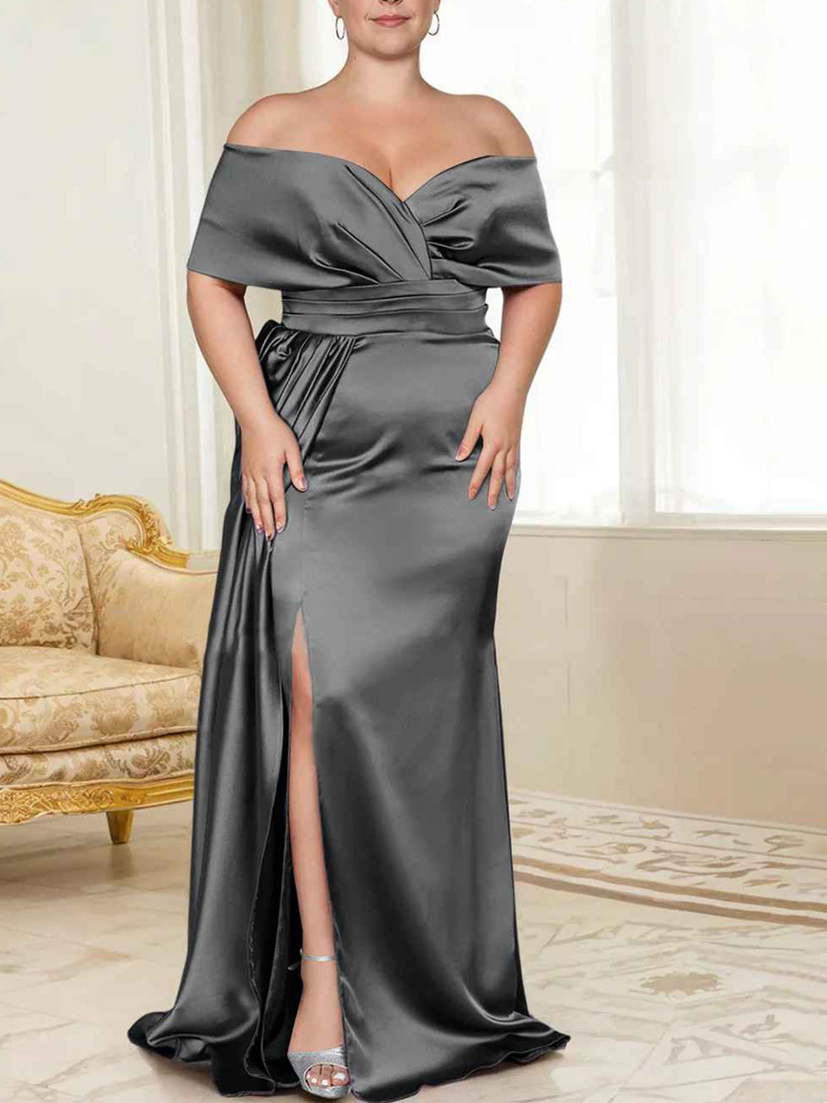 Purple Satin Sheath/column Off-the-Shoulder Floor-Length Evening Dress