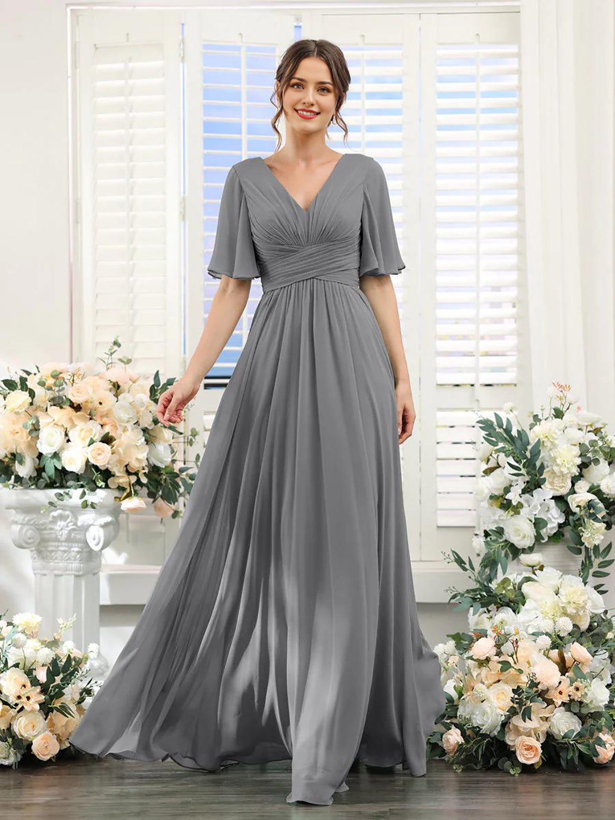 Dusty Sage Ruched Bodice Flutter Sleeves A-Line Floor-Length Bridesmaid Dress