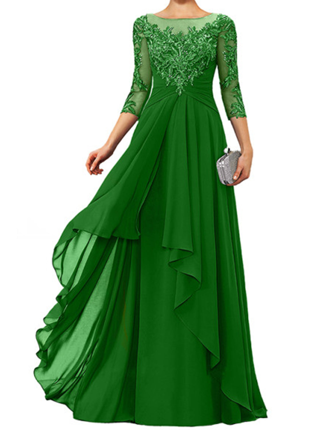 Dark Navy Chiffon A-Line Floor-Length Evening Dress - Illusion Neck Lace Appliques