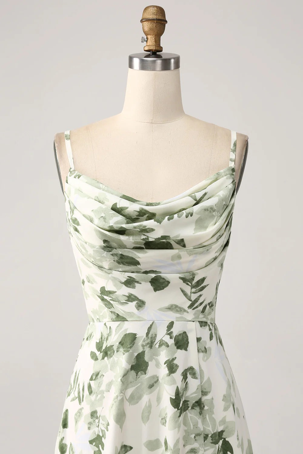 Green Leaf Print Spaghetti Strap Lace-Up Back Maxi Dress with Slit