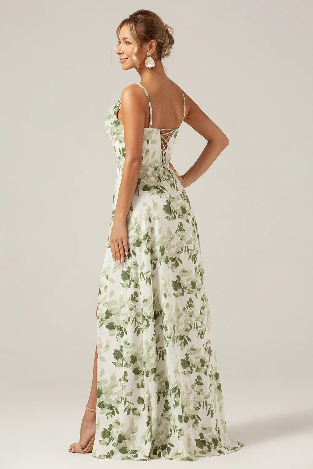 Green Leaf Print Spaghetti Strap Lace-Up Back Maxi Dress with Slit
