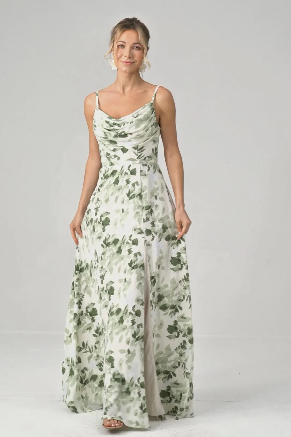 Green Leaf Print Spaghetti Strap Lace-Up Back Maxi Dress with Slit