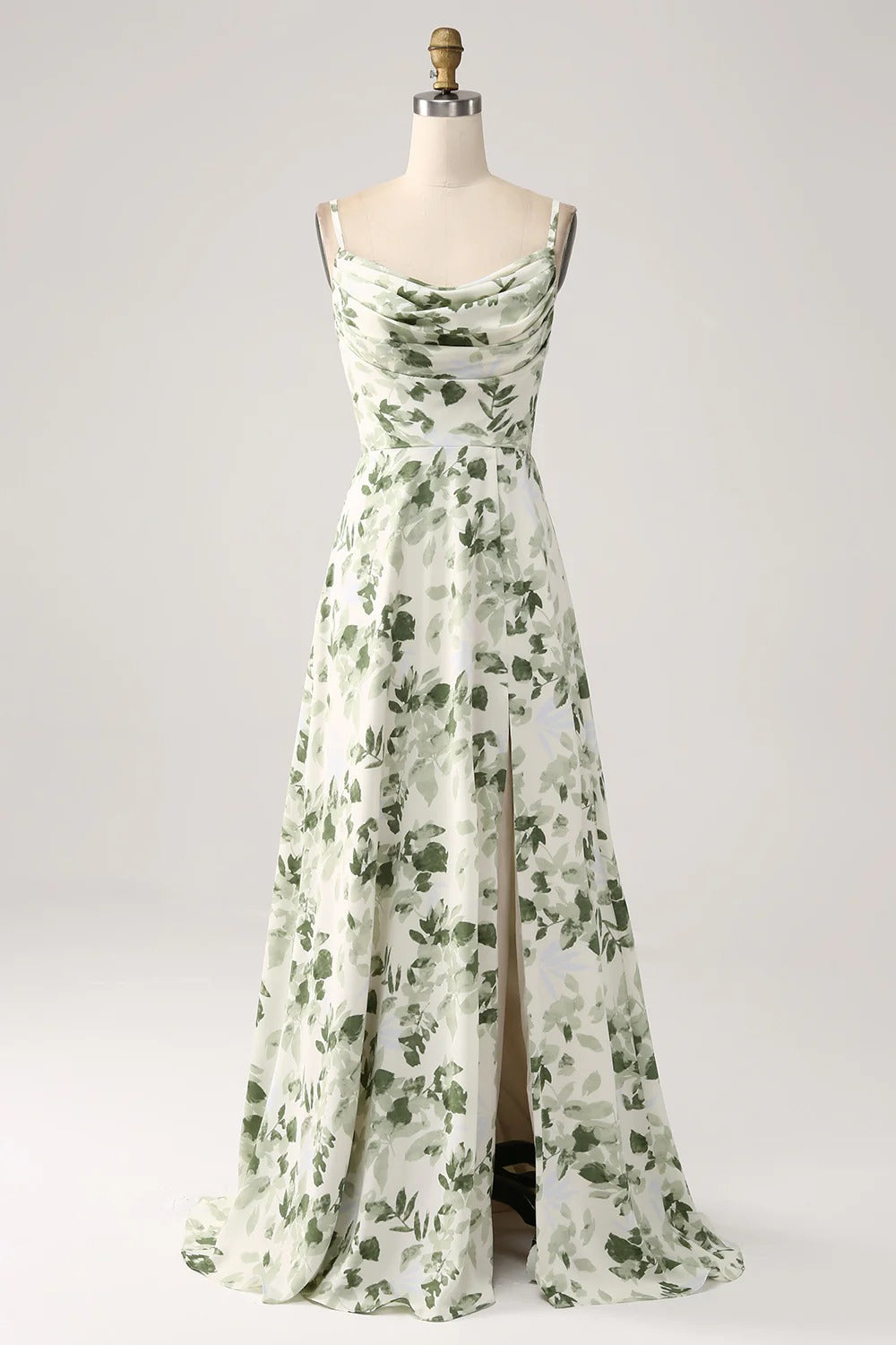 Green Leaf Print Spaghetti Strap Lace-Up Back Maxi Dress with Slit