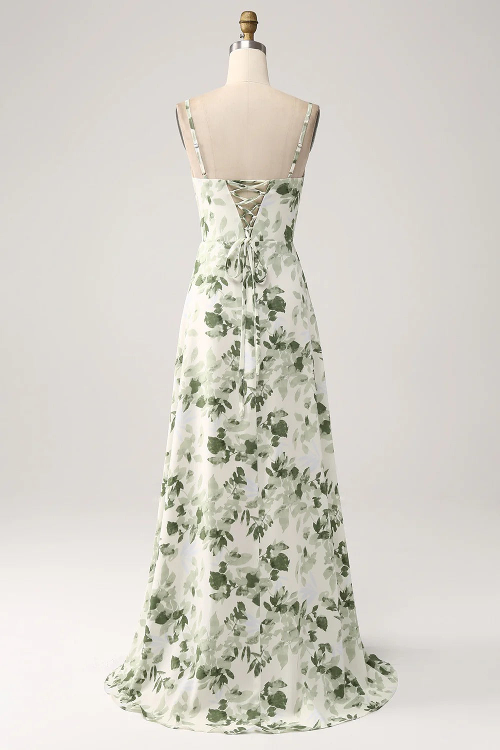 Green Leaf Print Spaghetti Strap Lace-Up Back Maxi Dress with Slit
