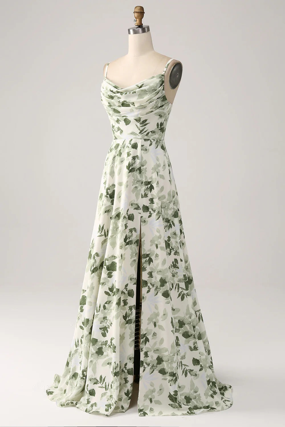 Green Leaf Print Spaghetti Strap Lace-Up Back Maxi Dress with Slit
