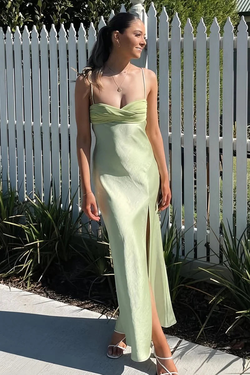 Green Spaghetti Strap Ruched Bust Lace-Up Back Slit Evening Dresses