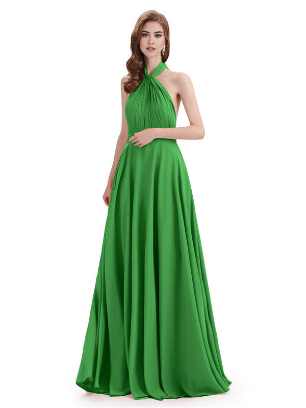 Simple A-Line High Neck Halter Sleeveless Pleats Chiffon Floor Length Bridesmaid Dresses