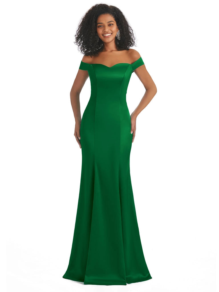 Vestidos de dama de honor largos, sencillos, de satén suave, sin mangas y con hombros descubiertos, de corte sirena