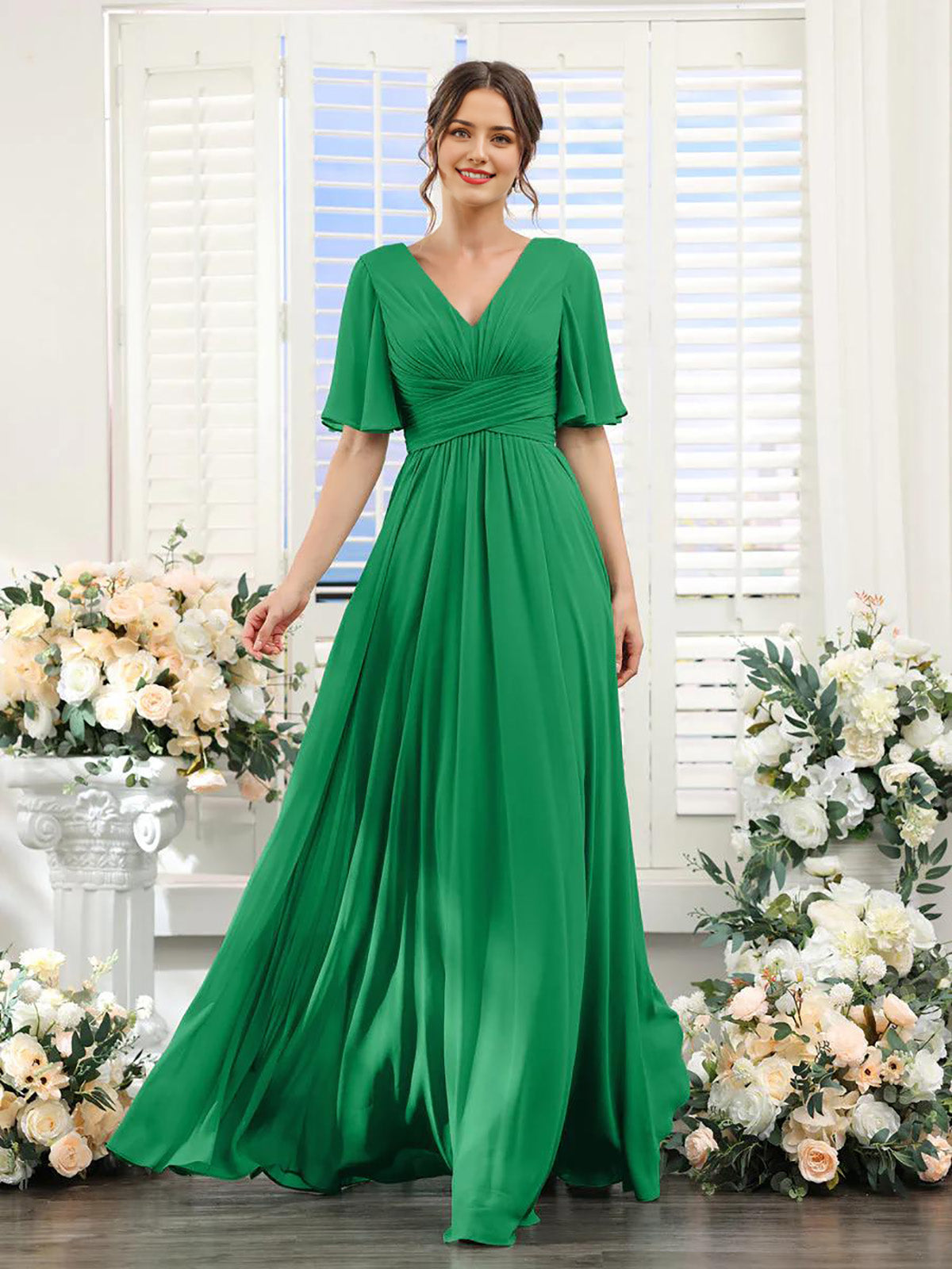 Dusty Sage Ruched Bodice Flutter Sleeves A-Line Floor-Length Bridesmaid Dress