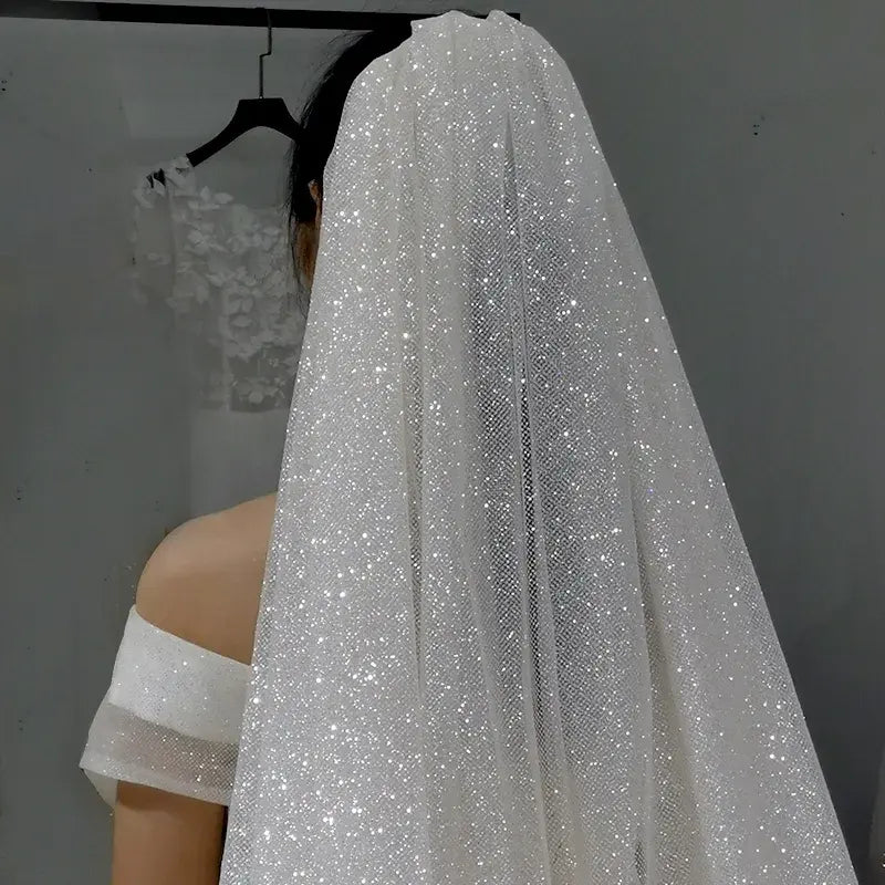 Ivory Glitter Fabric Ball Gown Floor-Length Wedding Dress with Long Train