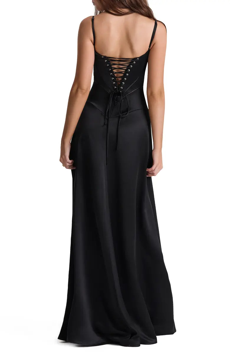 Vestido de noche elegante, negro, sin espalda, con cordones, de satén, con tirantes finos y largo hasta el suelo