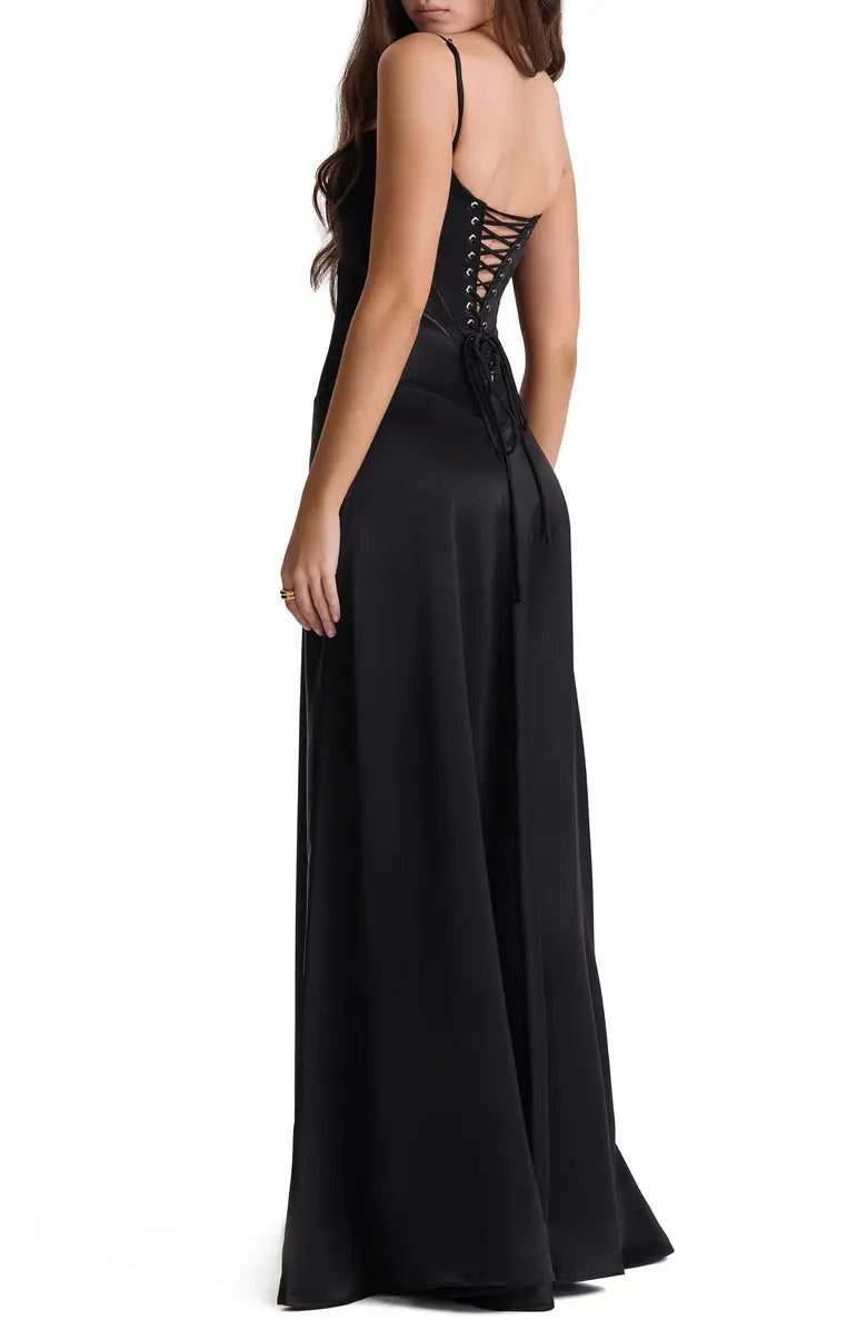 Vestido de noche elegante, negro, sin espalda, con cordones, de satén, con tirantes finos y largo hasta el suelo