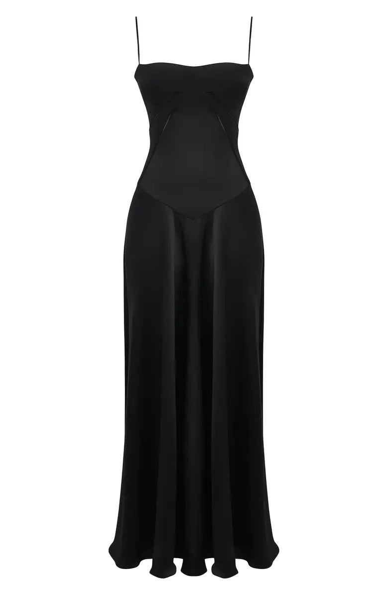 Vestido de noche elegante, negro, sin espalda, con cordones, de satén, con tirantes finos y largo hasta el suelo
