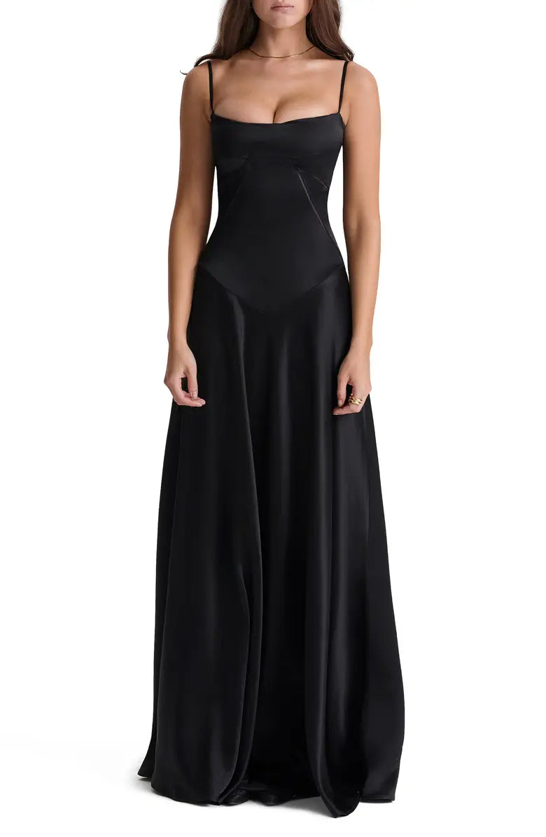 Vestido de noche elegante, negro, sin espalda, con cordones, de satén, con tirantes finos y largo hasta el suelo