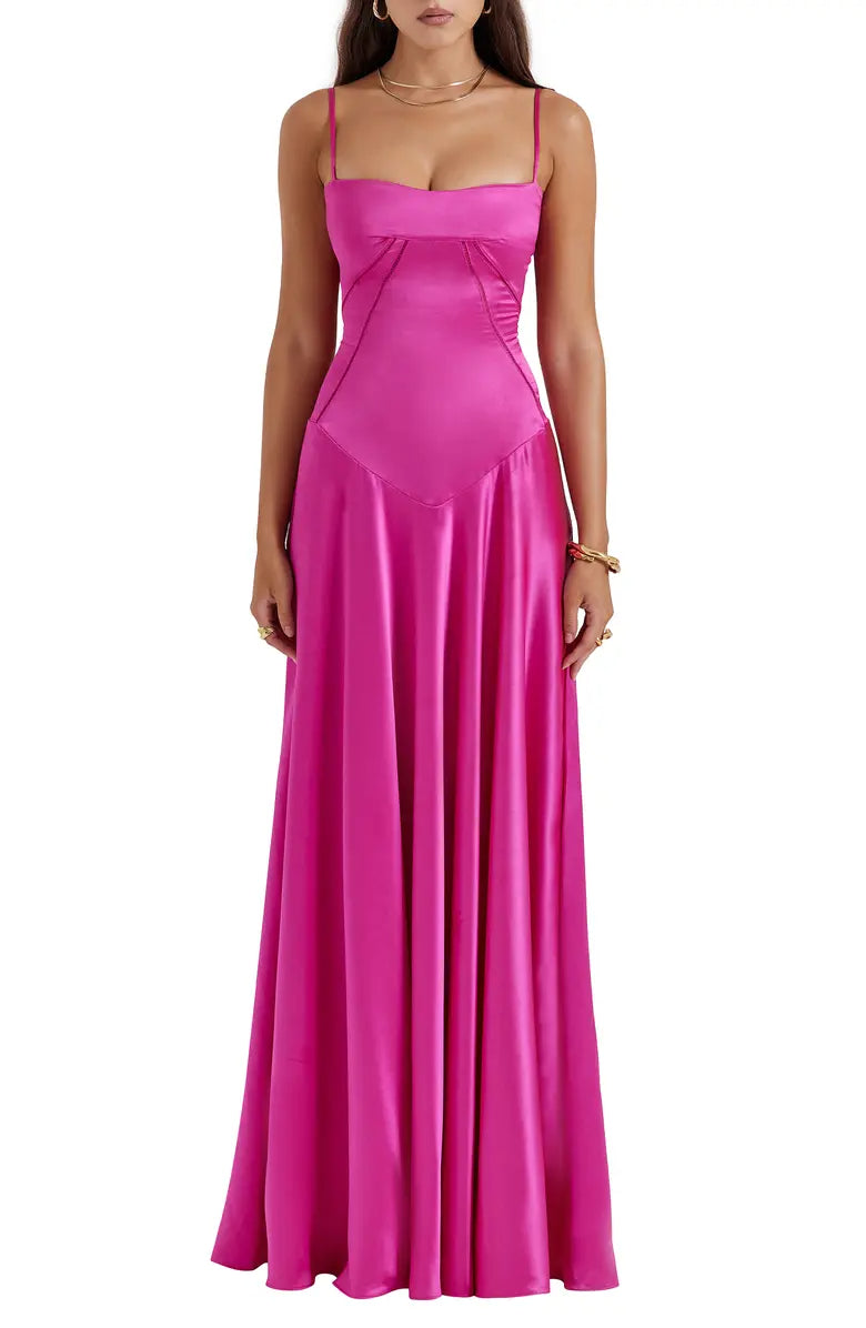 Vestido de noche elegante, negro, sin espalda, con cordones, de satén, con tirantes finos y largo hasta el suelo