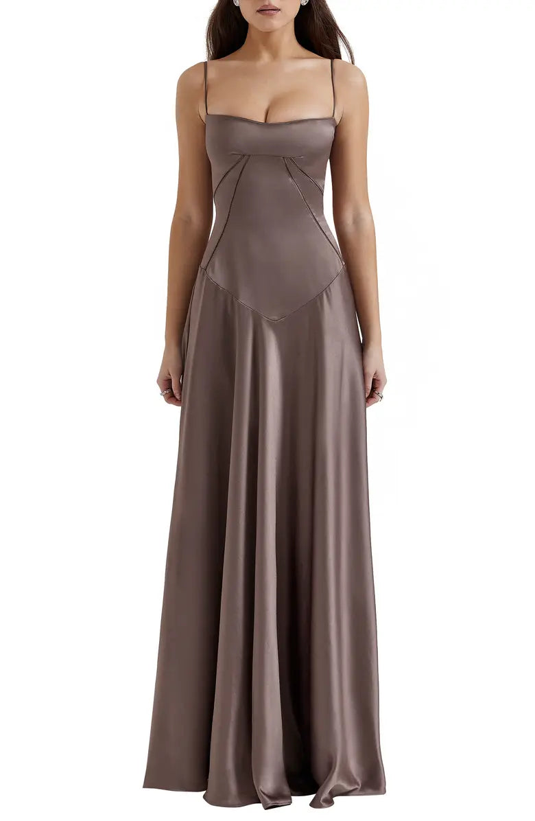 Vestido de noche elegante, negro, sin espalda, con cordones, de satén, con tirantes finos y largo hasta el suelo