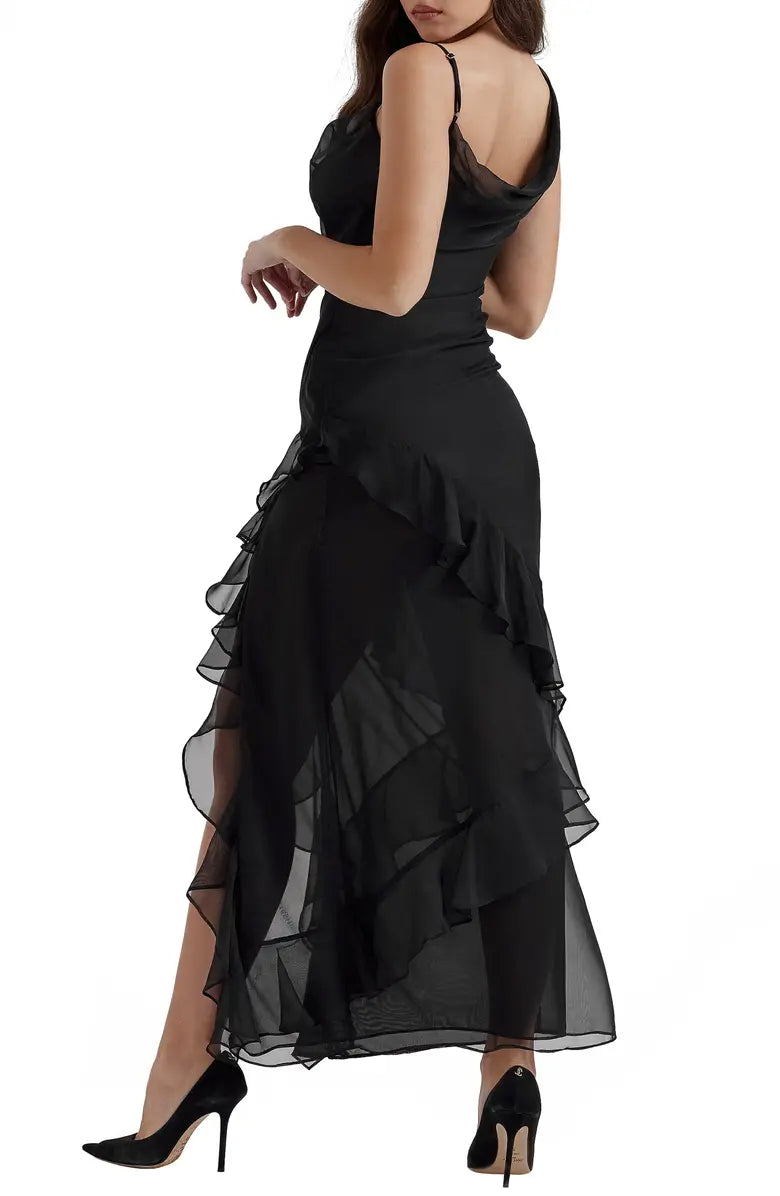 Elegant asymmetrical shoulder strap high neck chiffon chiffon sheer ruffled evening dress
