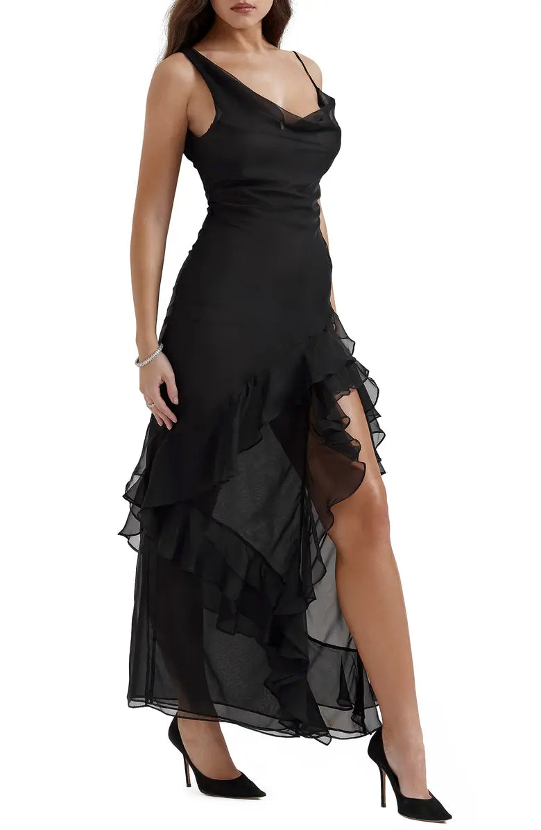 Elegant asymmetrical shoulder strap high neck chiffon chiffon sheer ruffled evening dress