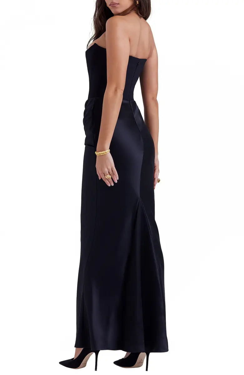 Noble black strapless off shoulder satin tight fitting corset prom dress