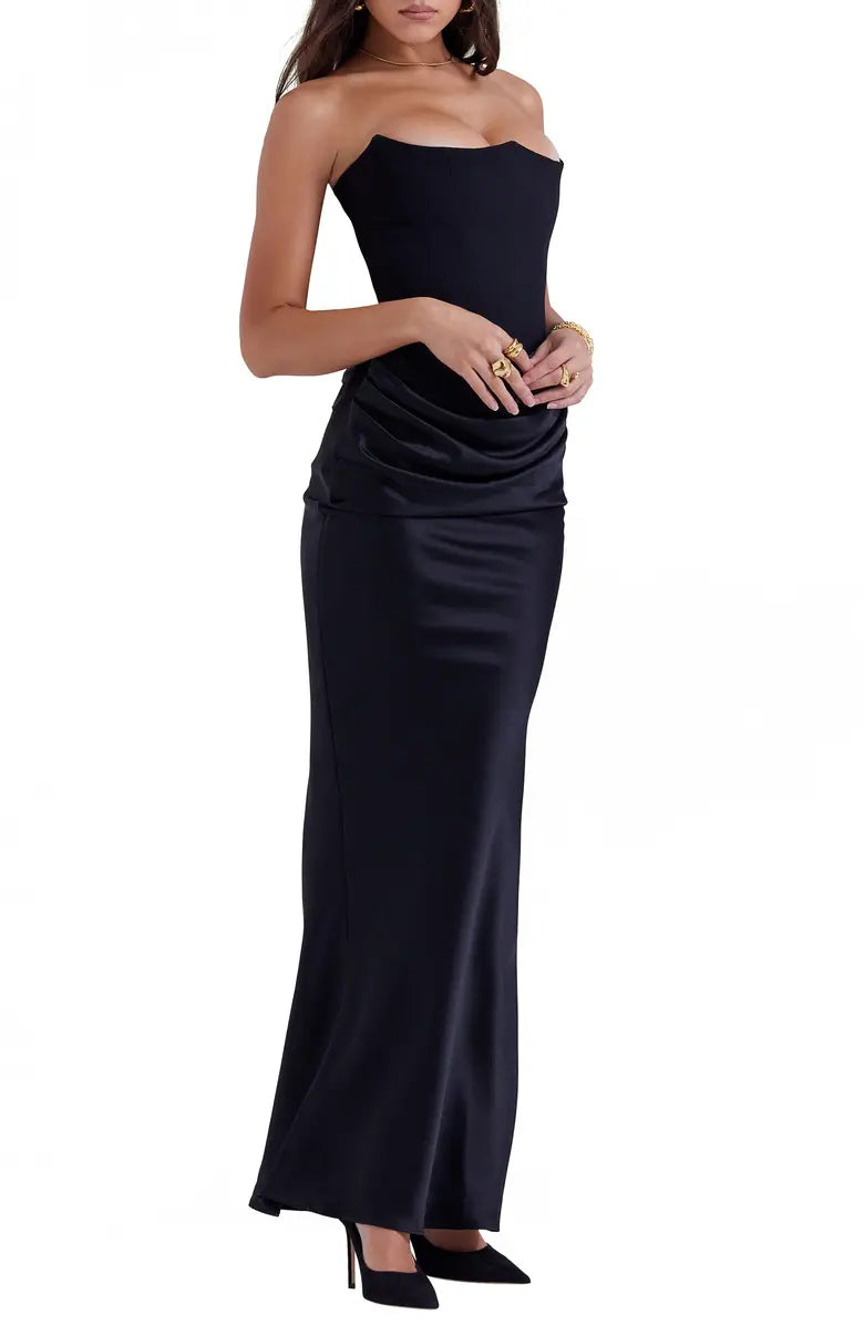 Noble black strapless off shoulder satin tight fitting corset prom dress