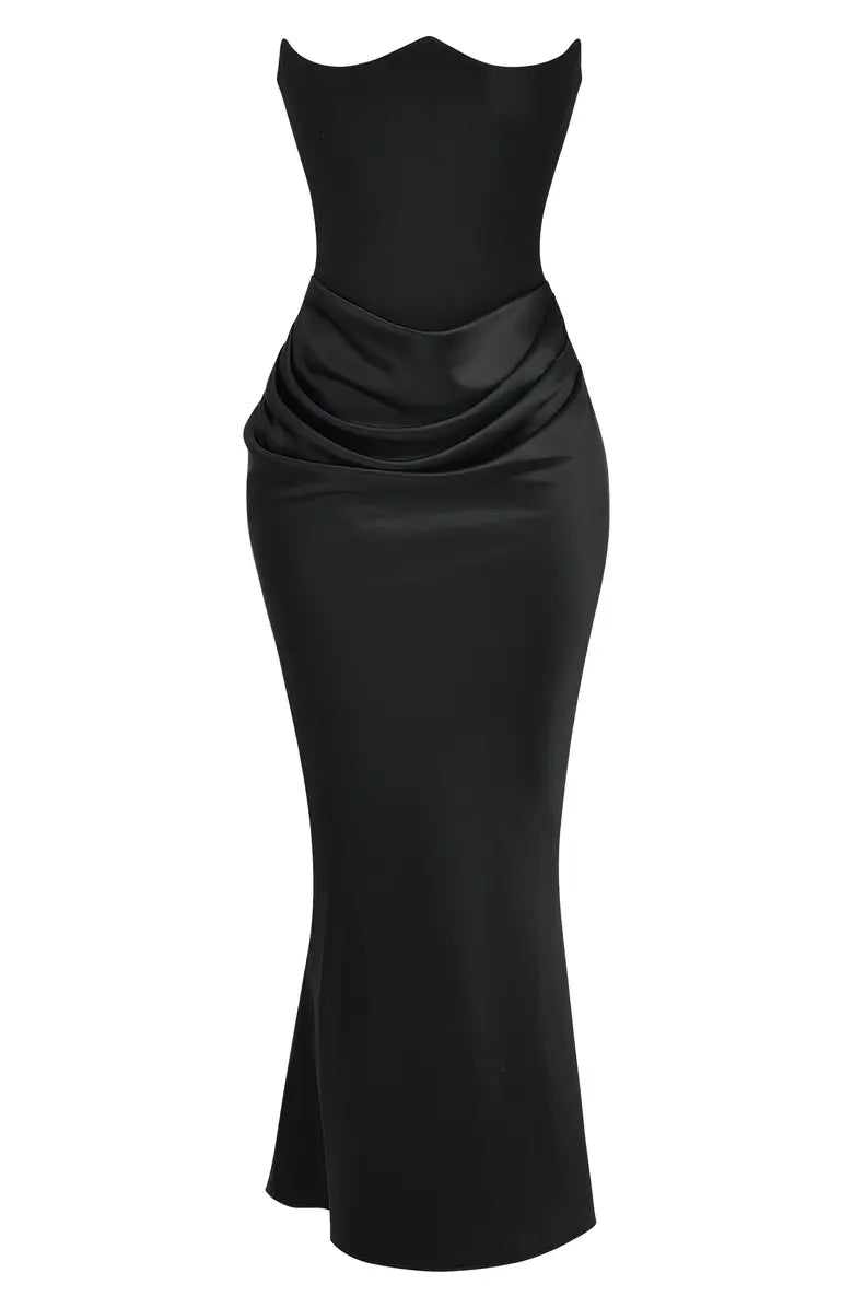 Noble black strapless off shoulder satin tight fitting corset prom dress