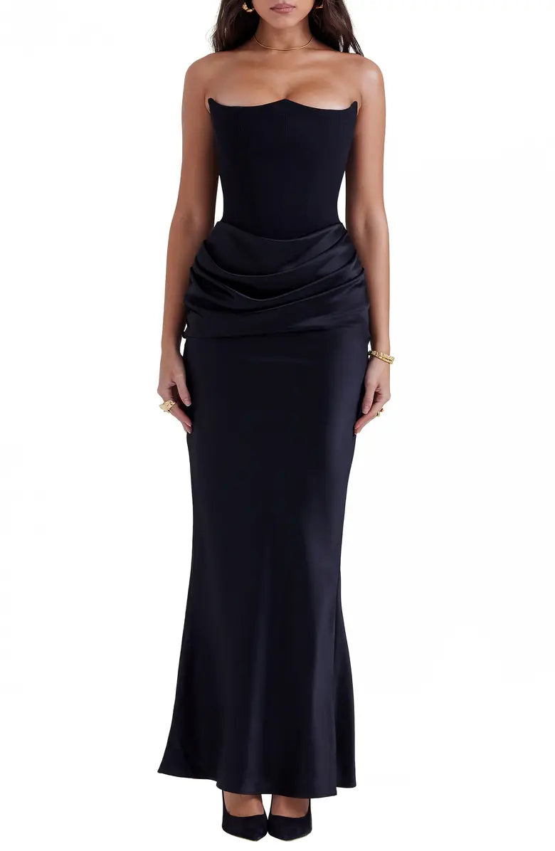 Noble black strapless off shoulder satin tight fitting corset prom dress