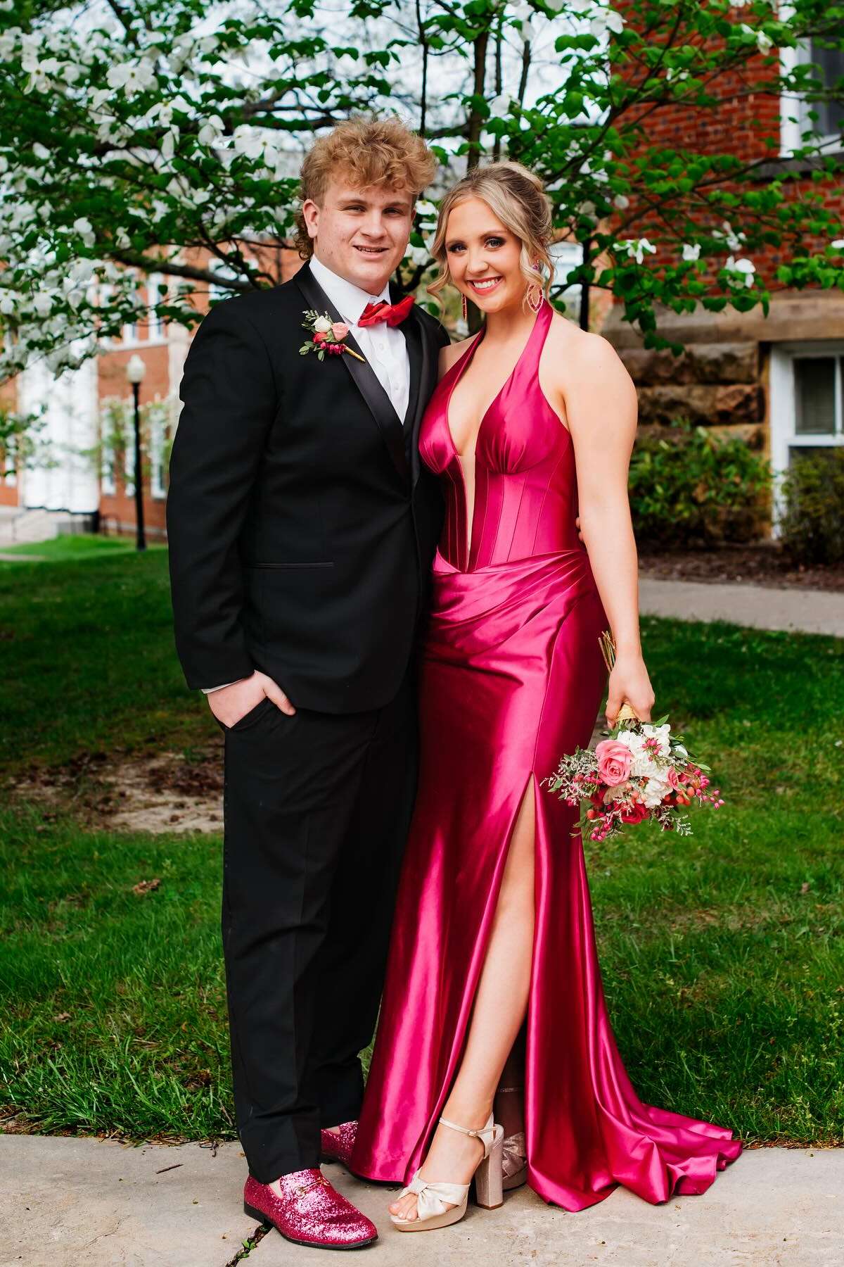 Halter-Neck Satin Prom Dress with Plunge V-Neck, High Thigh Slit & Low Open Back