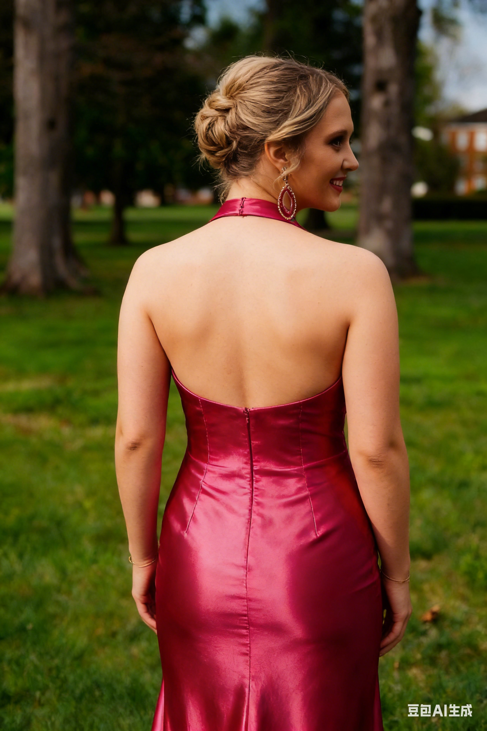Halter-Neck Satin Prom Dress with Plunge V-Neck, High Thigh Slit & Low Open Back