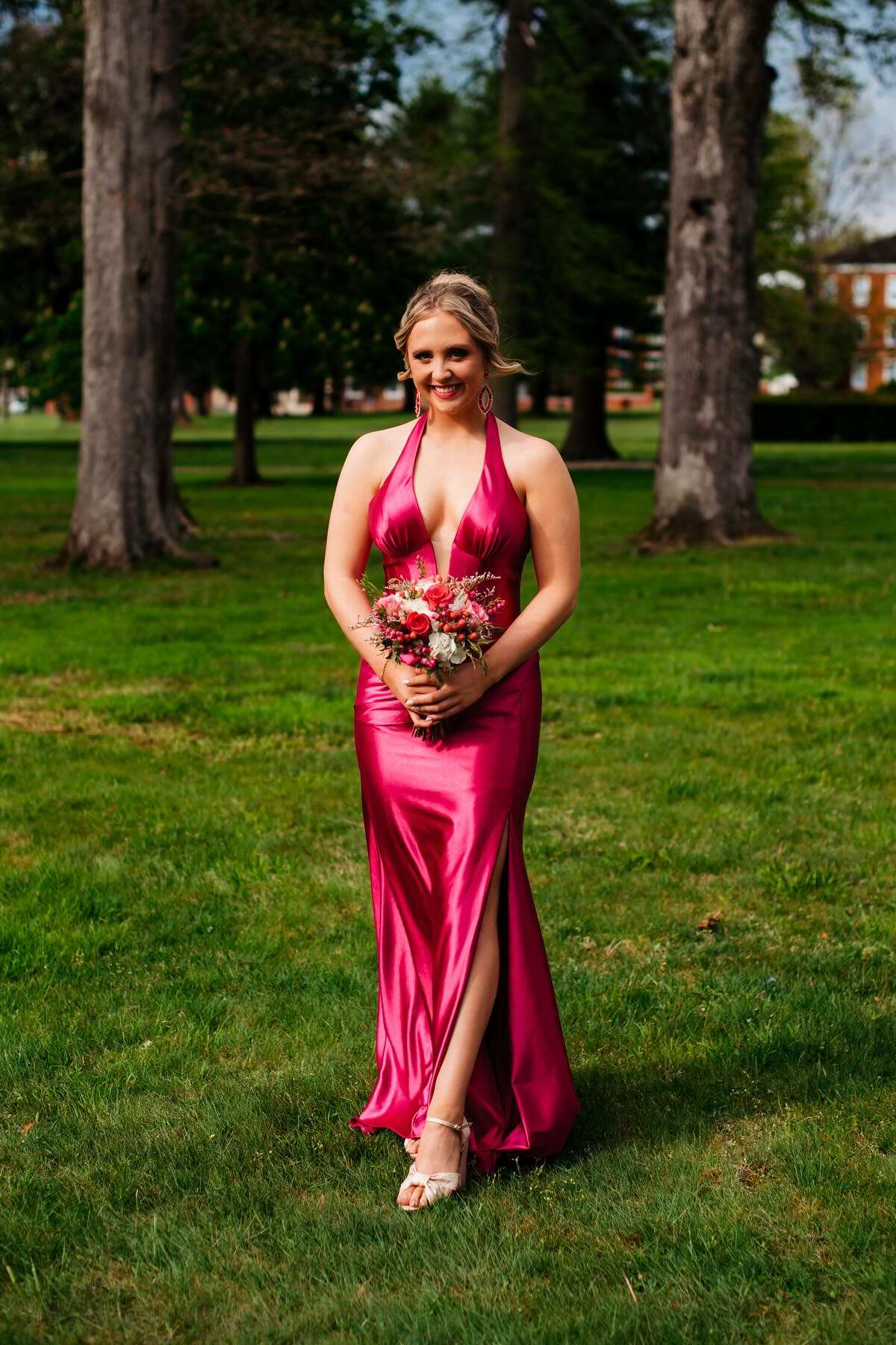 Halter-Neck Satin Prom Dress with Plunge V-Neck, High Thigh Slit & Low Open Back