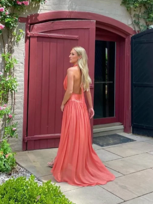 Halter Neck Deep V Chiffon Open Back Flowy Maxi Evening Dress