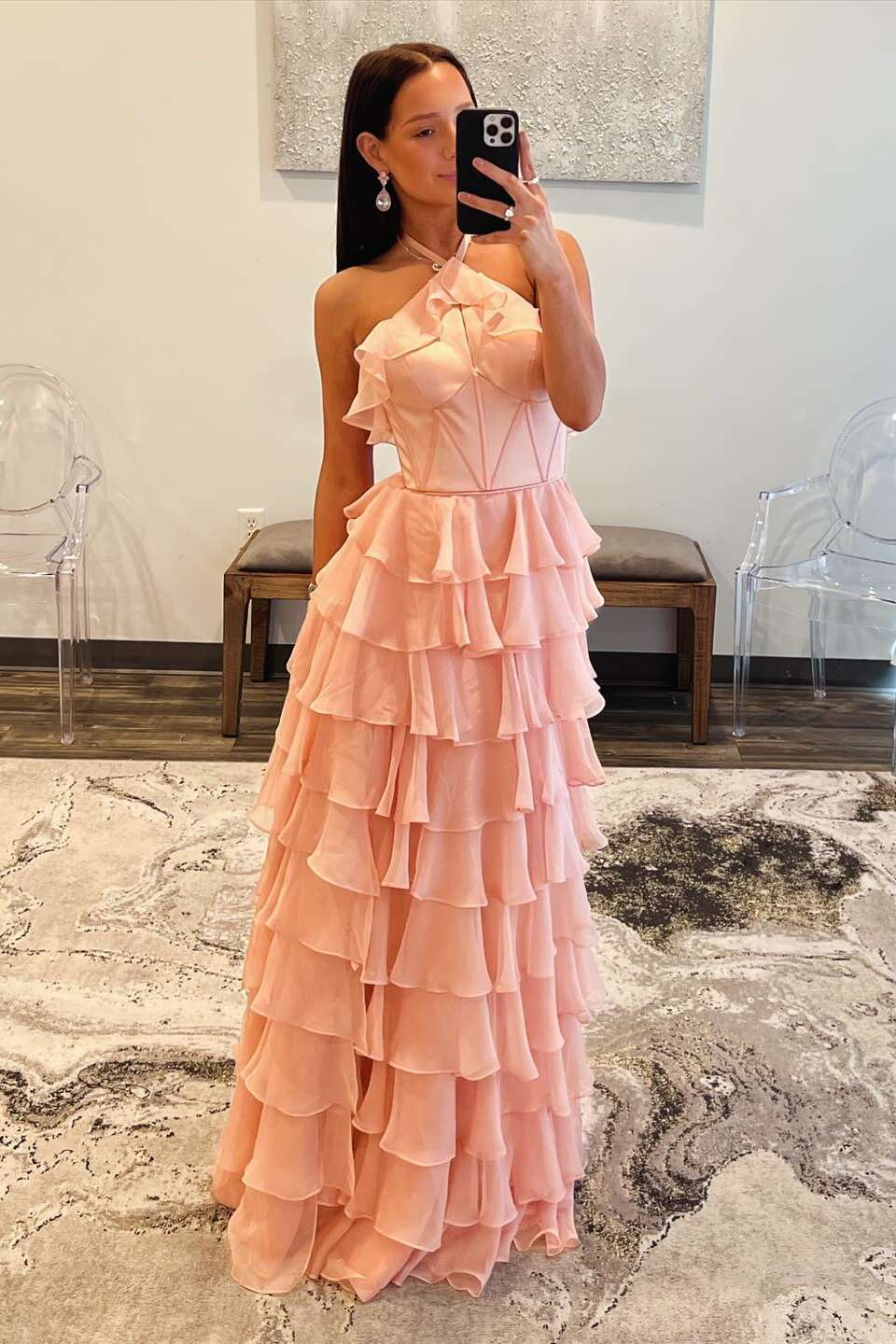 Halter Neck Ruffled Tiered Prom Dress with Keyhole Detail, Open Back & High Front Slit