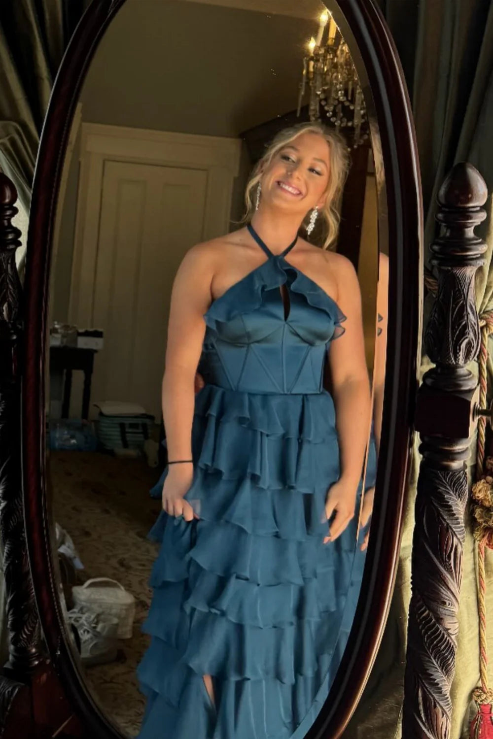 Halter Neck Ruffled Tiered Prom Dress with Keyhole Detail, Open Back & High Front Slit