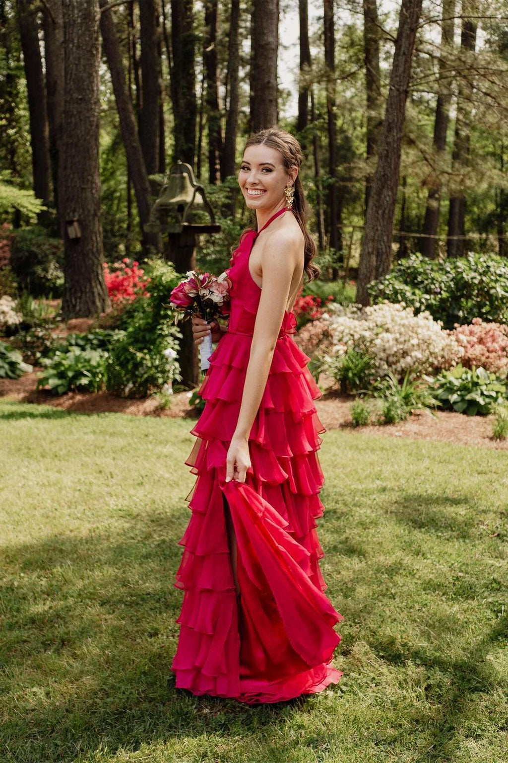 Burgundy Chiffon A-Line Floor-Length Halter Neckline Tiered Ruffle Dress