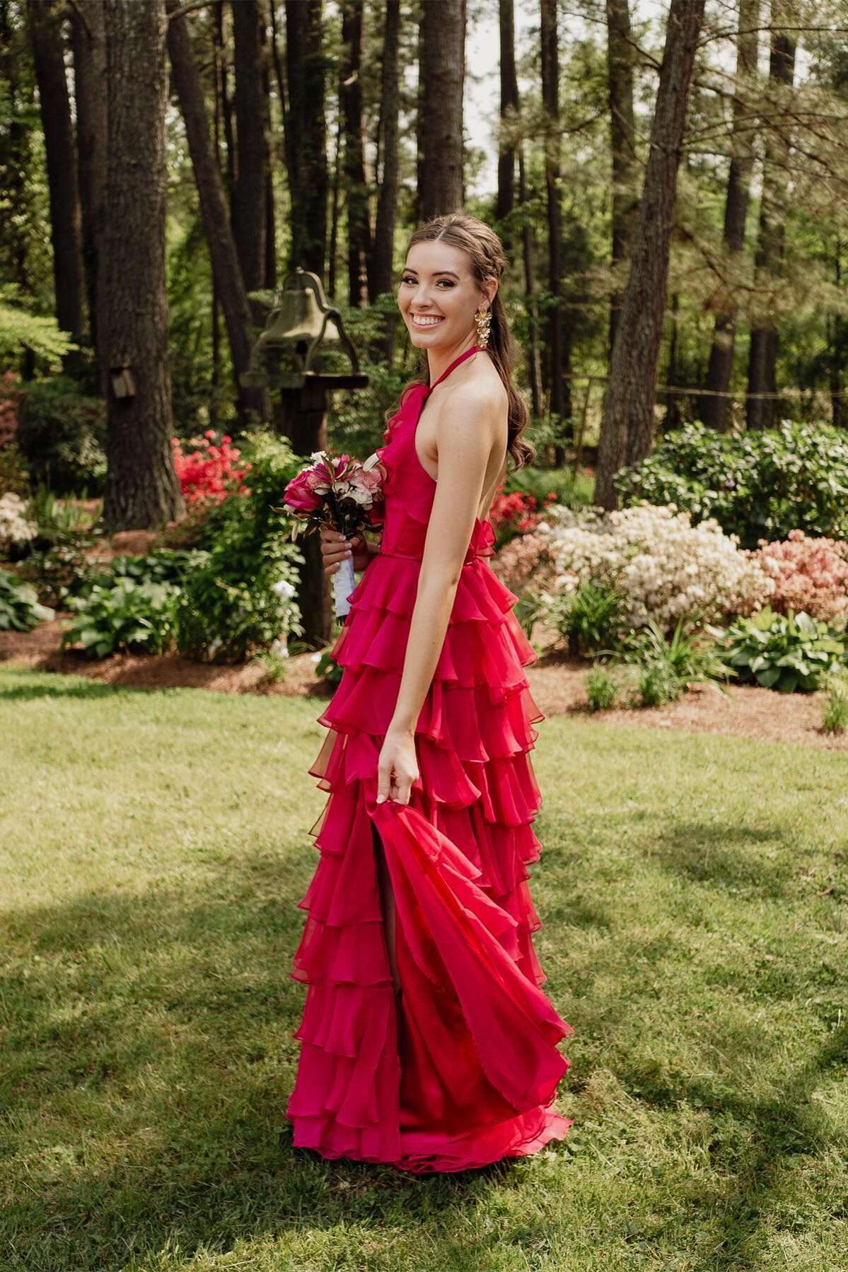Burgundy Chiffon A-Line Floor-Length Halter Neckline Tiered Ruffle Dress