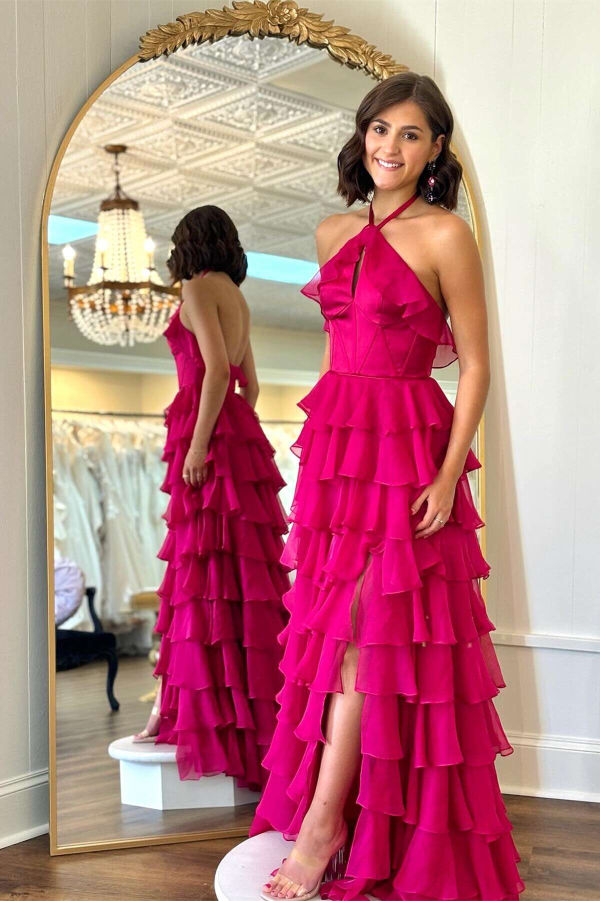 Burgundy Chiffon A-Line Floor-Length Halter Neckline Tiered Ruffle Dress