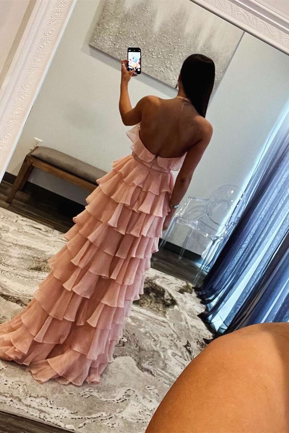 Halter Neck Ruffled Tiered Prom Dress with Keyhole Detail, Open Back & High Front Slit