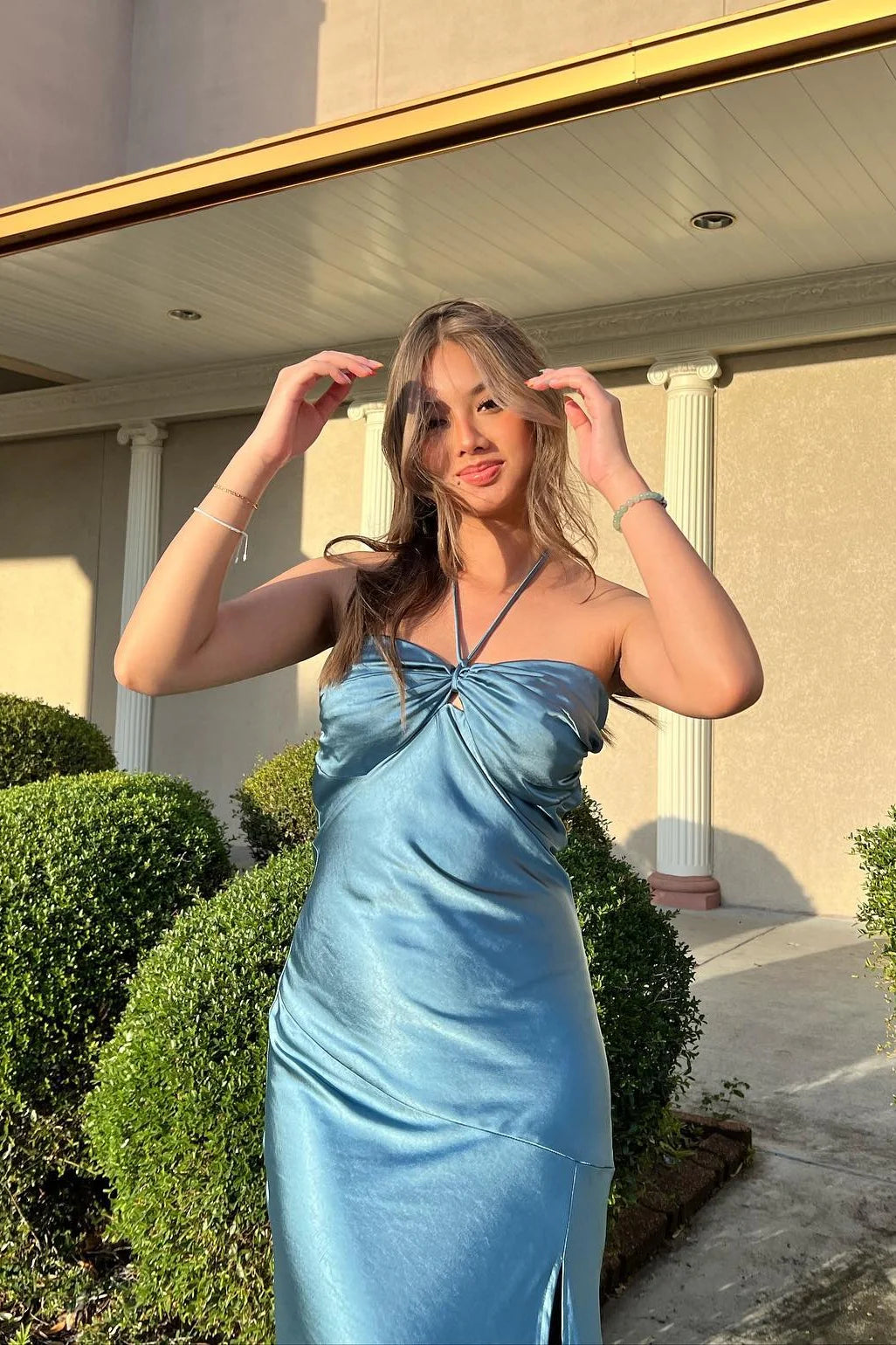 Halter Neck Satin Mermaid Prom Dress with Cutout Front, High Slit & Adjustable Back Strap