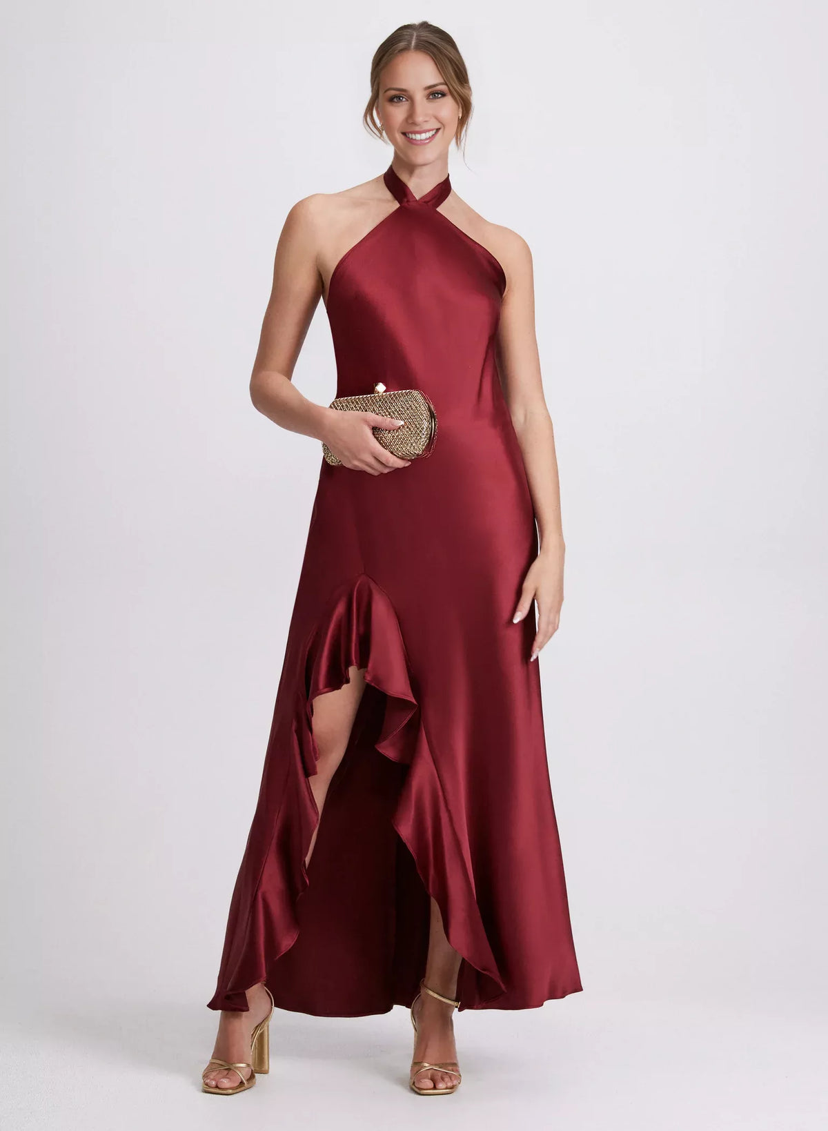 Burgundy Satin A-Line Halter Neck Floor-Length Gown