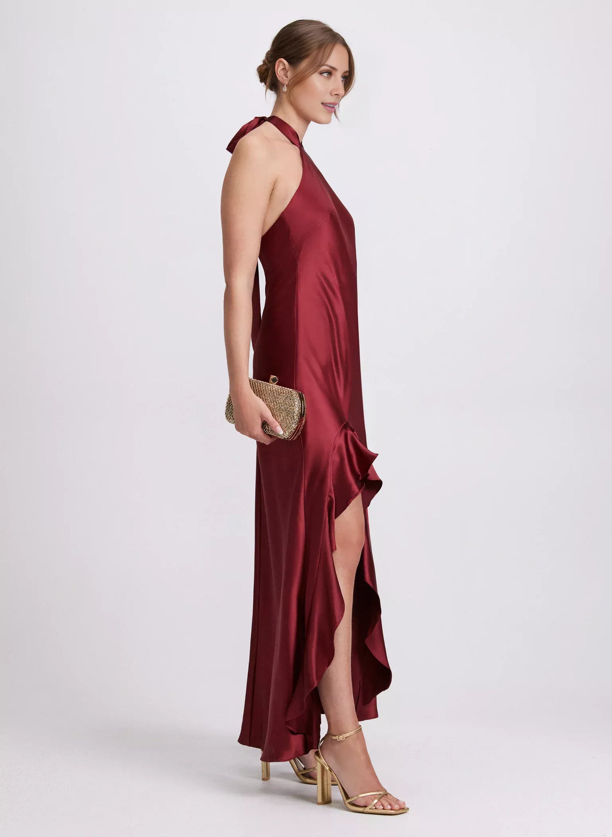 Burgundy Satin A-Line Halter Neck Floor-Length Gown