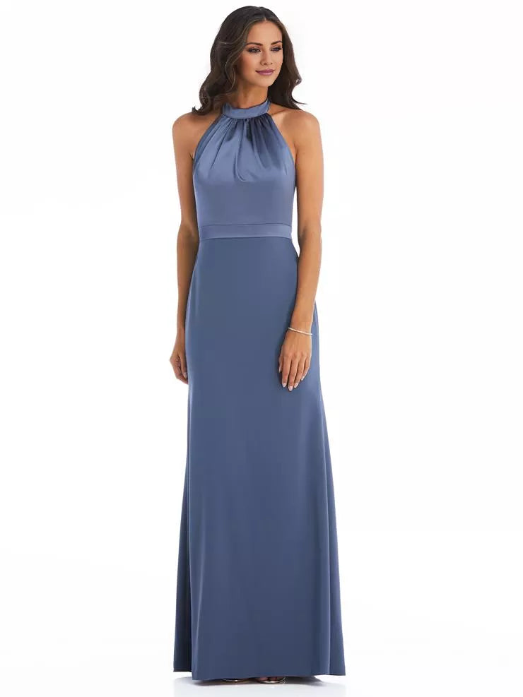 Vestido de fiesta largo hasta el suelo, sin mangas, con cuello colgante y hombros descubiertos 