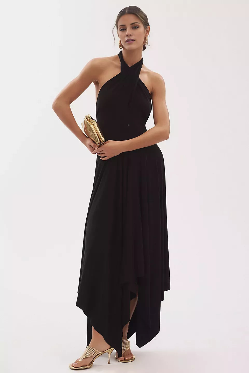 Vestido de fiesta largo hasta el suelo, sin mangas, con cuello colgante y hombros descubiertos 