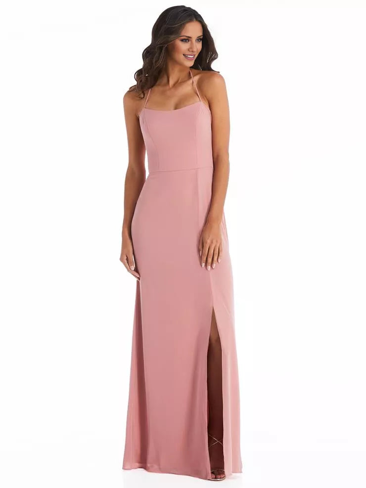 Vestido de fiesta largo hasta el suelo, sin mangas, con cuello colgante, hombros descubiertos, espalda descubierta, abertura lateral 