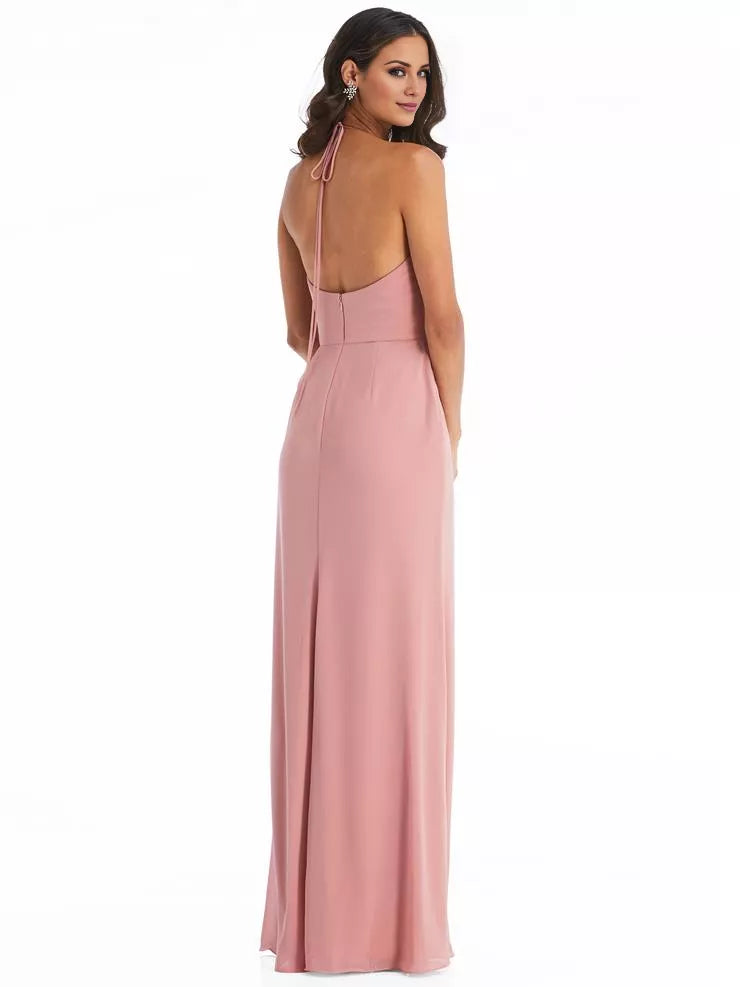 Vestido de fiesta largo hasta el suelo, sin mangas, con cuello colgante, hombros descubiertos, espalda descubierta, abertura lateral 